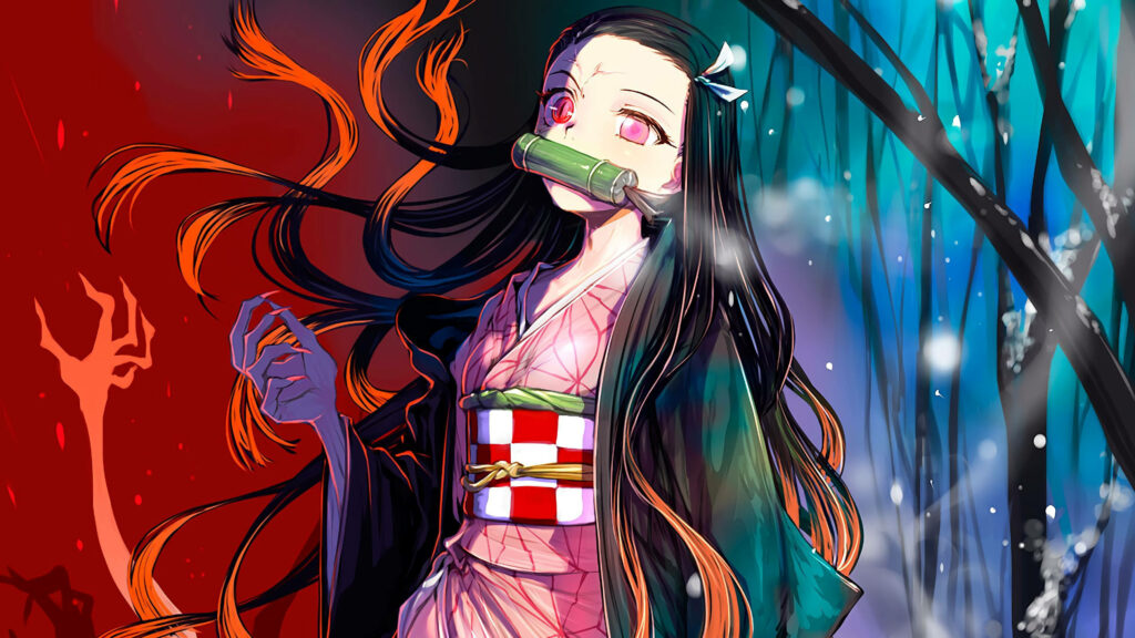 Nezuko Kamado Demon Slayer anime wallpaper fiery red and snowy forest split background illustration