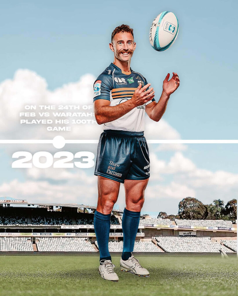 Nic White ACT Brumbies 100th game celebration vibrant rugby wallpaper bright stadium sky