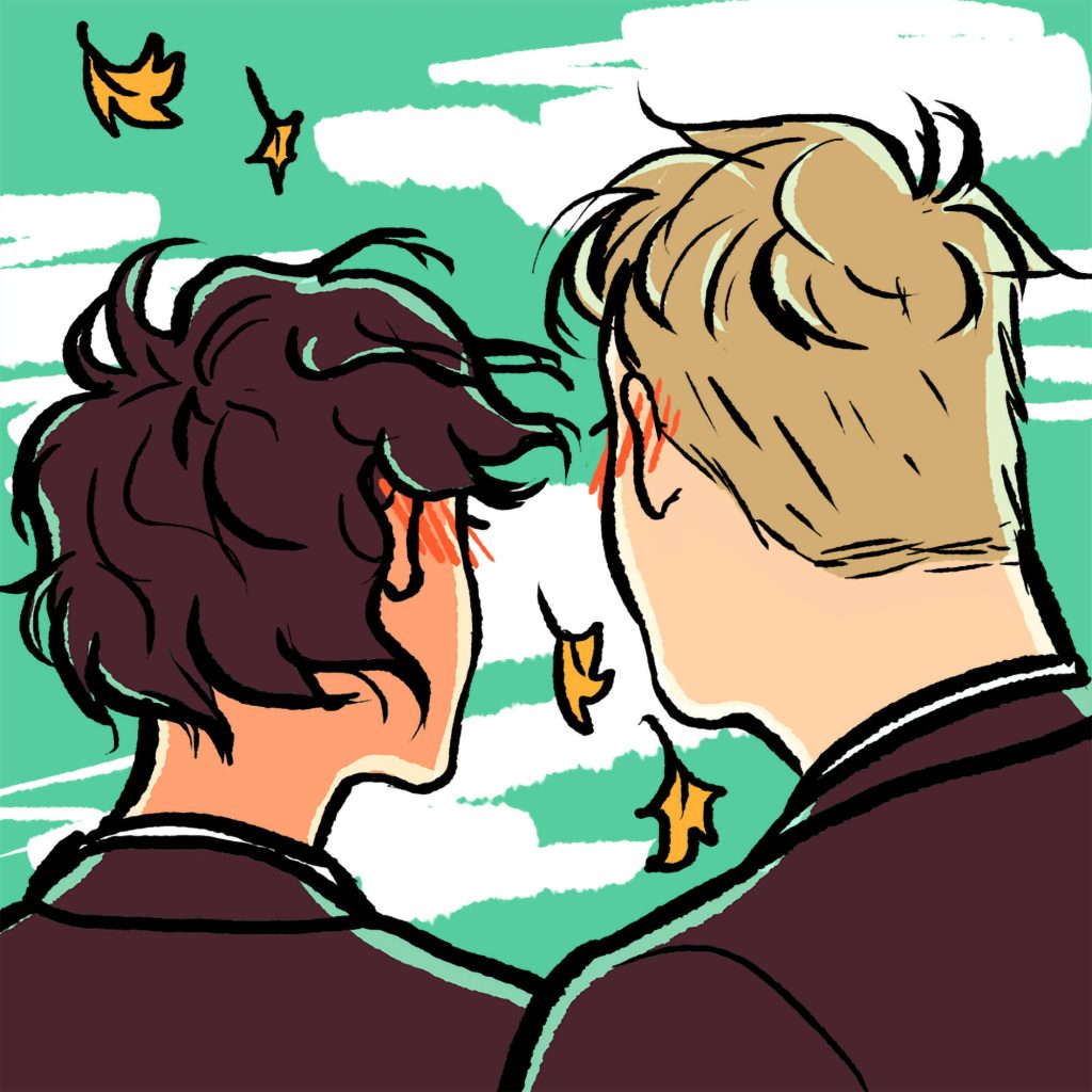 Nick Nelson and Charlie Spring from Heartstopper under vibrant teal sky with autumn leaves wallpaper
