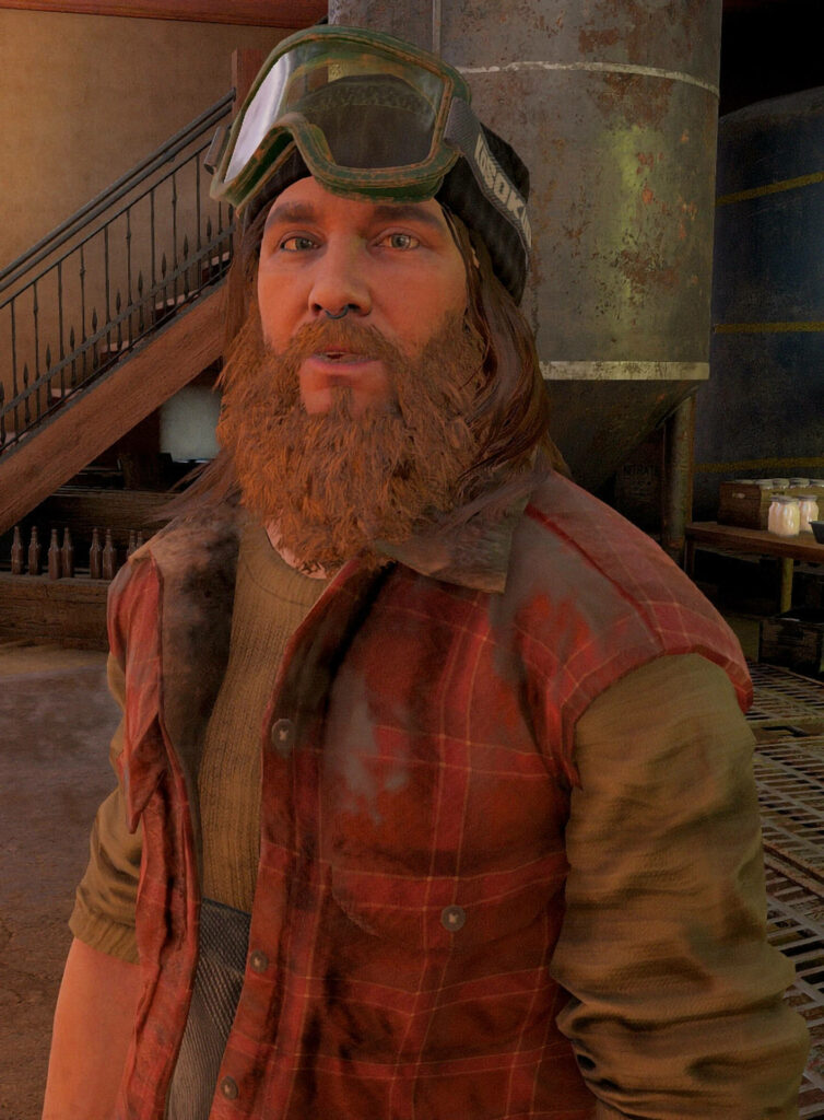 Nostalgic Outdoorsman: Far Cry New Dawn's Nick Rye Embraces the Wild in his Weathered Flannel, Bushy Beard, and Grime-Covered Goggles Against a Homely Backdrop Wallpaper