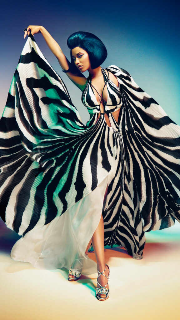 Stunning Nicki Minaj HD Wallpaper: Bold Zebra Outfit & Dynamic Pose