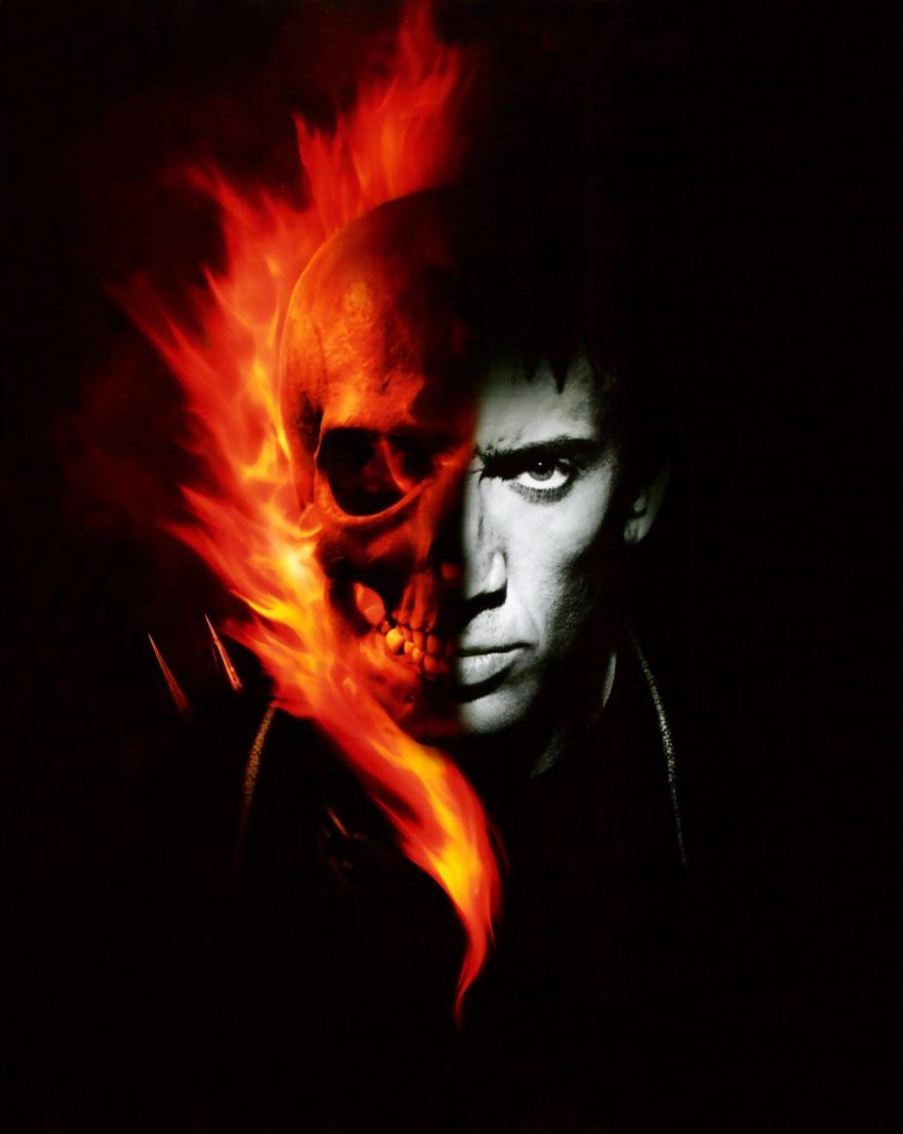 Nicolas Cage Ghost Rider wallpaper half human half flaming skull intense fiery dark background