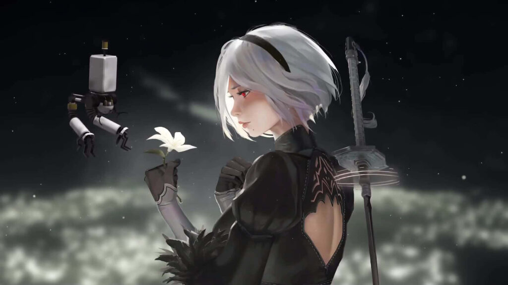 Nier Automata-Inspired Wallpaper: White-Haired Character & Robot