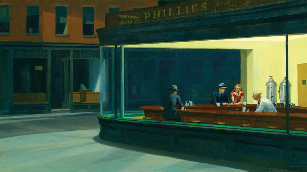 Nightfall Serenade at the Cafe: A Captivating Hopper-Inspired Corner Wallpaper