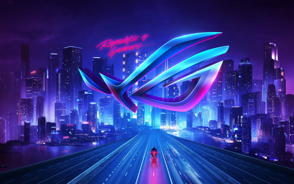 The Enthralling ROG Emblem Amidst the Glowing Metropolis Wallpaper