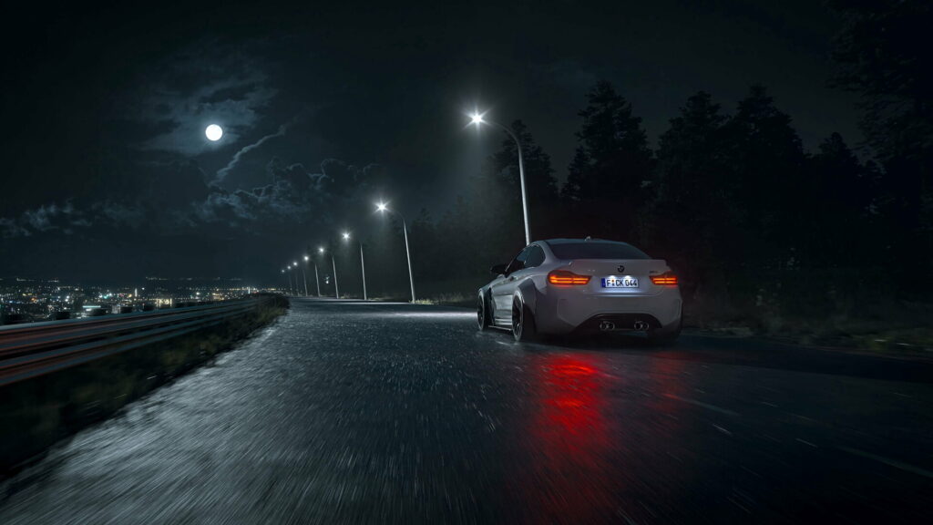 Midnight Reflections: Captivating HD Wallpaper of a Sleek Car on a Rainy Night