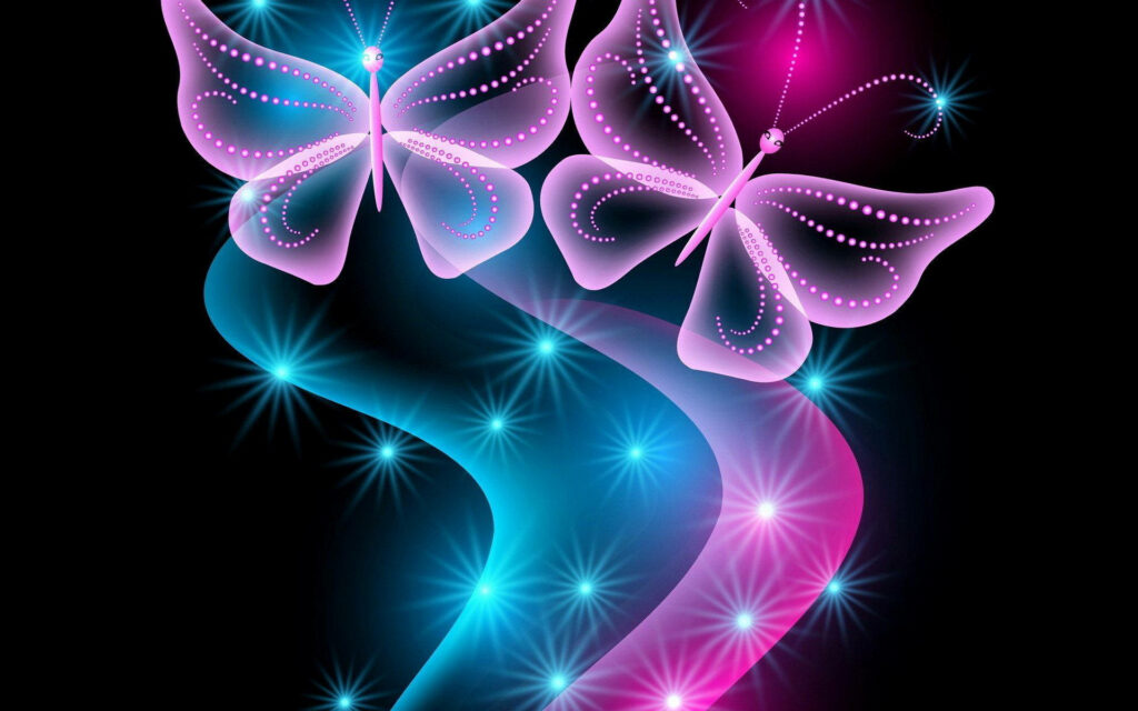 Enchanting Twilight: Mesmerizing Neon Butterflies Dance Amongst Glowing Stars and Swirls - Night Butterfly Background Capture Wallpaper