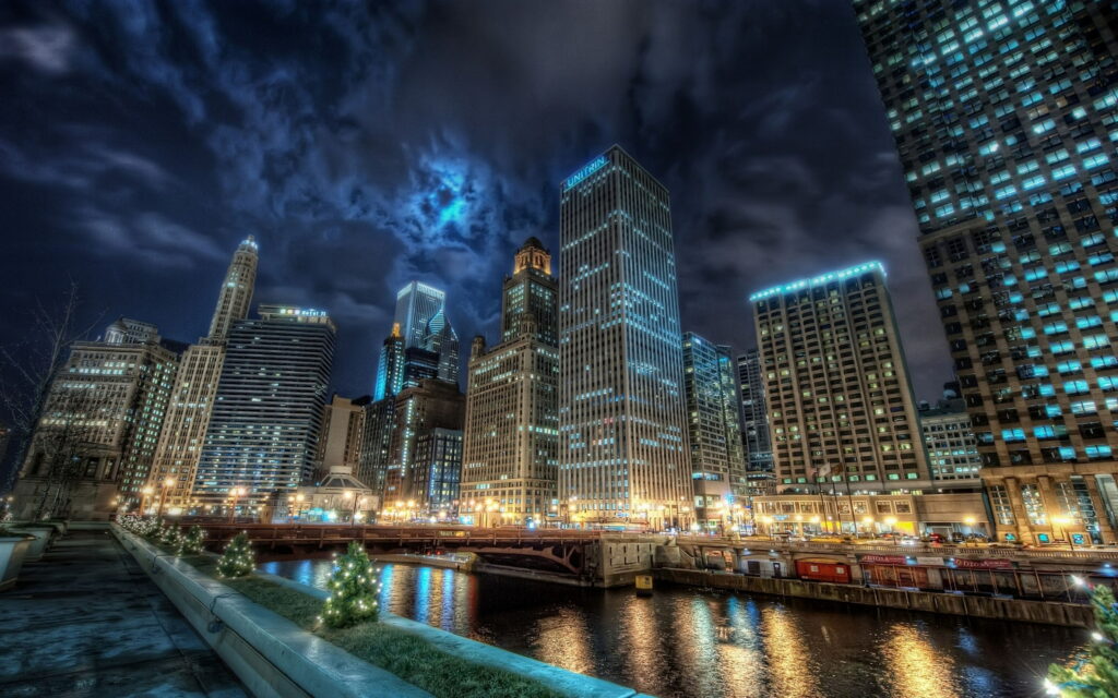 Chicago's Glowing Night Skyline: 4K Ultra HD Wallpaper for Your Tech Devices