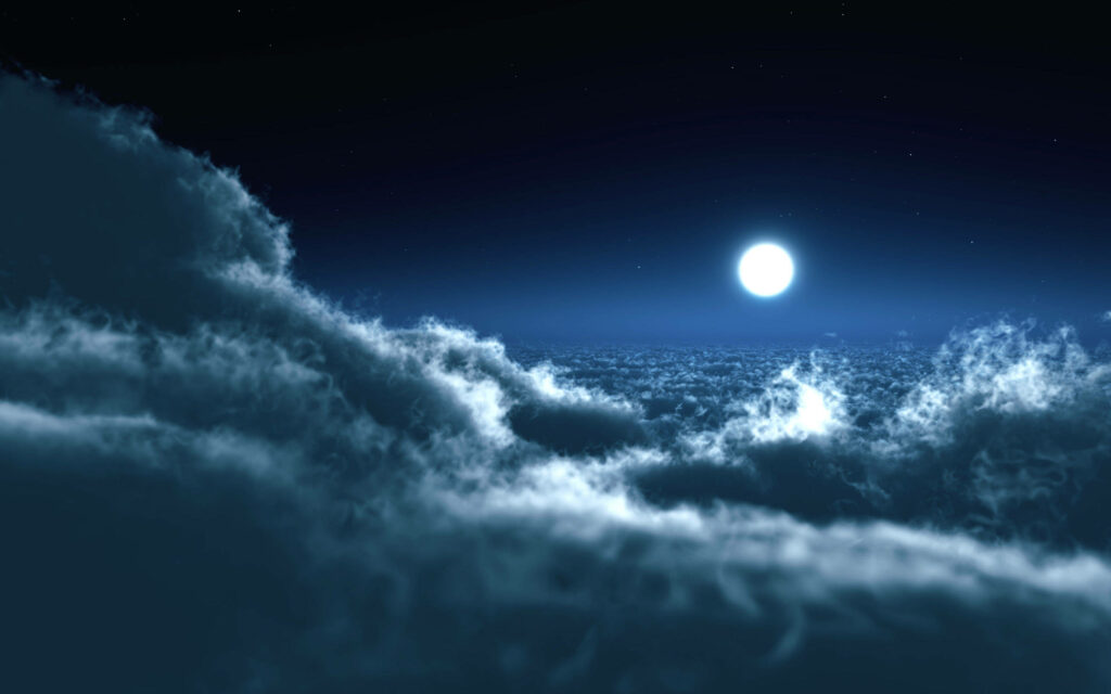 Glowing full moon over deep blue sky with ethereal illuminated clouds digital art wallpaper