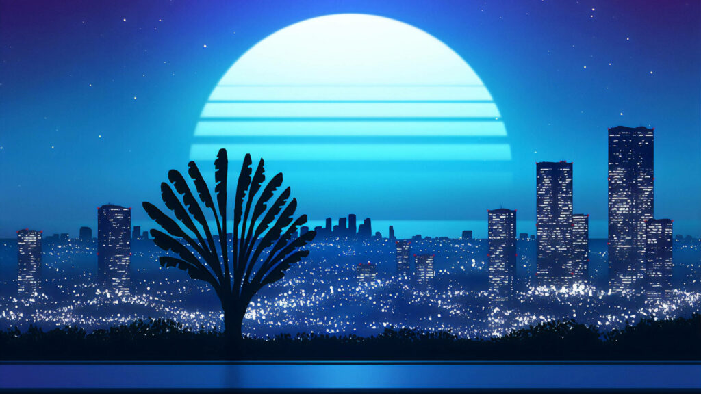 Nightfall in the Retro Metropolis: A Mesmerizing Neon City under the Radiant Blue Moon Wallpaper