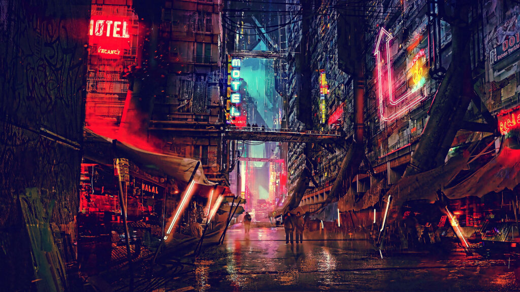 Urban Glow: Mesmerizing Night Street Scene Captured in HD Desktop Wallpaper