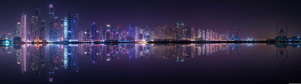 Florida Nightscapes: Mesmerizing Skyscrapers Adorning Waterside Cityscape in Ultrawide 3440x1440 Resolution Wallpaper