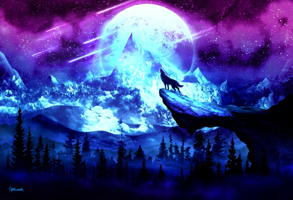 5701x3899 UHD 5K Nightfall Majesty: A Stunning Wolf Artwork Amongst Moonlit Mountains Wallpaper