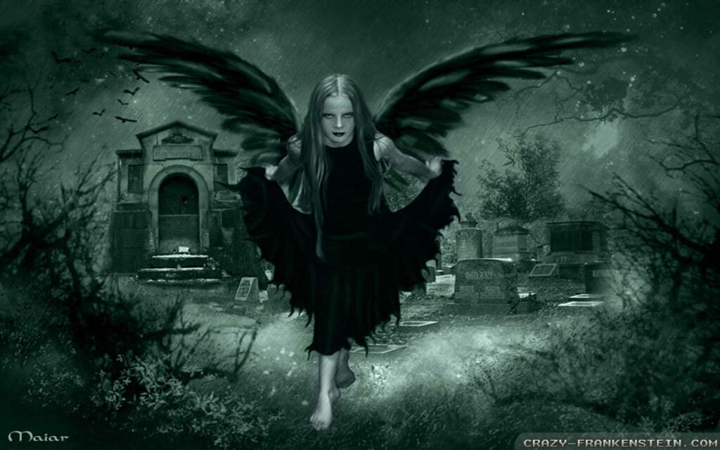 Midnight Mourner: Gothic Girl Haunts Graveyard in Raven Cape Wallpaper