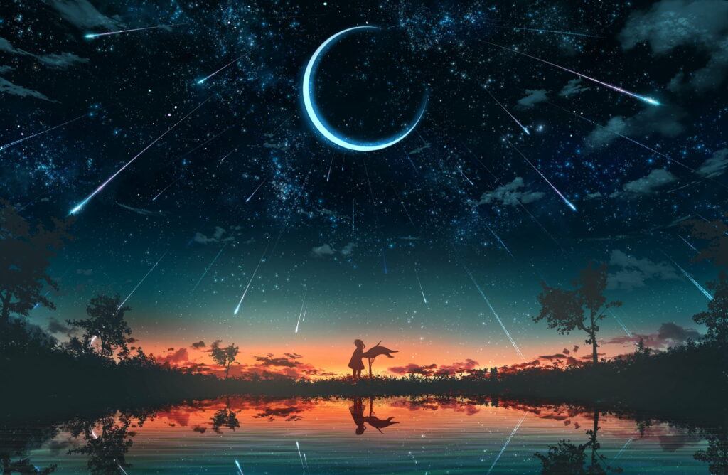 Mystical Night: A Mesmerizing Anime Landscape with a Shimmering Crescent and Falling Stars Wallpaper
