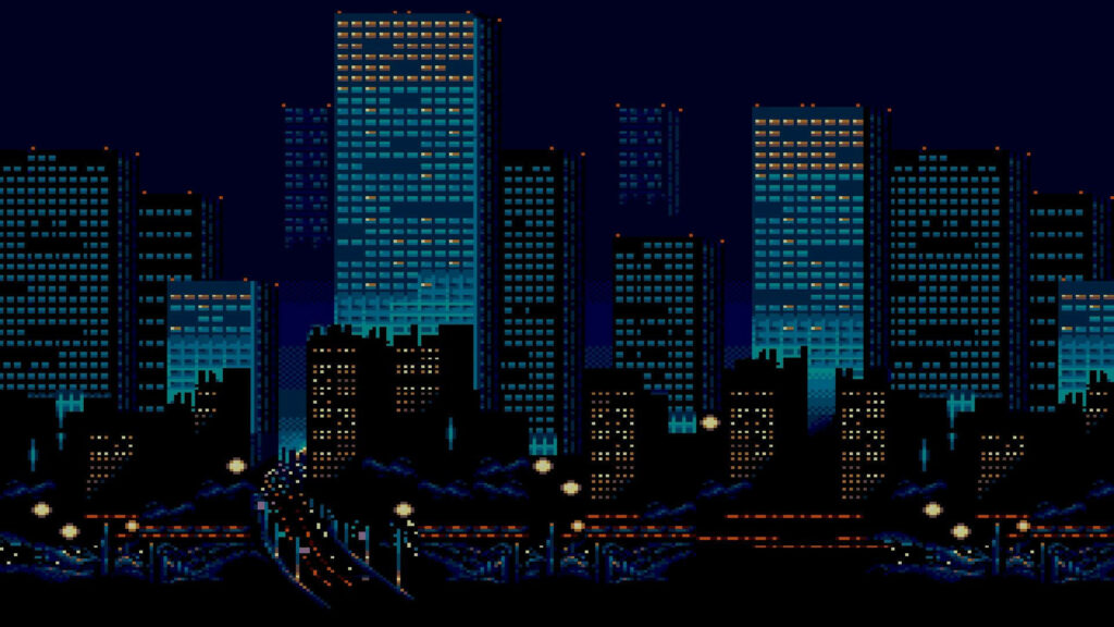 Nighttime Symphony: Illuminated Cityscape in Pixel Art Wallpaper