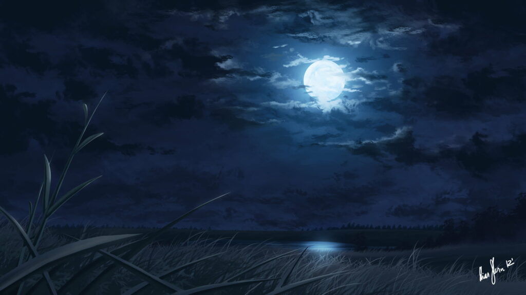 Midnight Serenity: A Full Moon Painting Illuminating a Moonlit Lake Landscape amidst Reeds, Perfect HD Wallpaper
