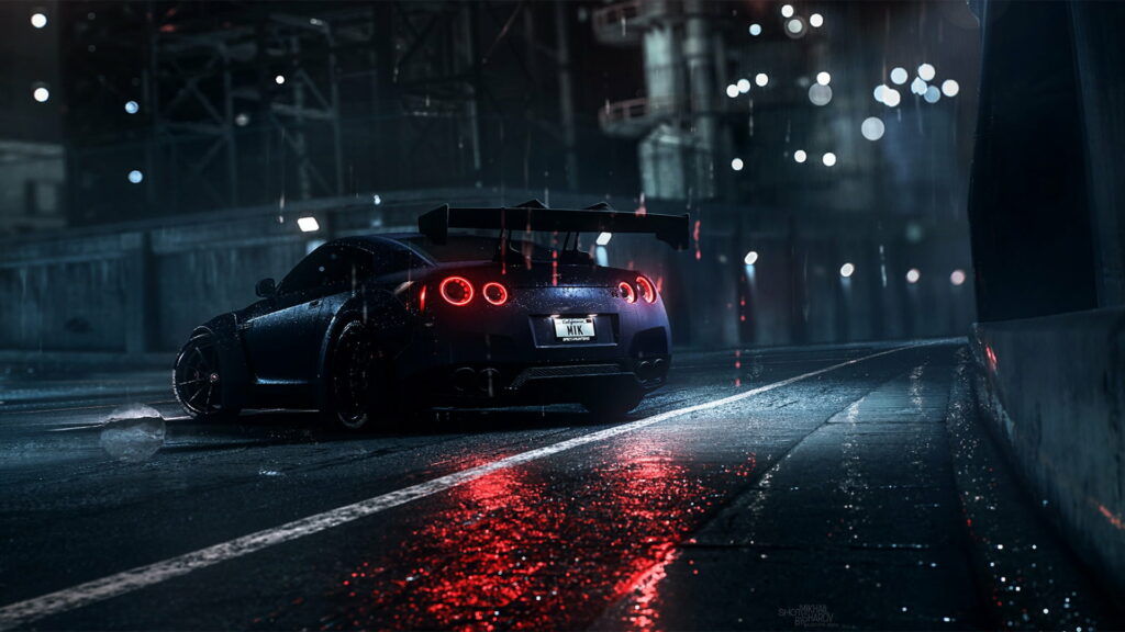 Midnight Cruising in the Rainy Nissan GT-R: A Dark and Sporty Wallpaper