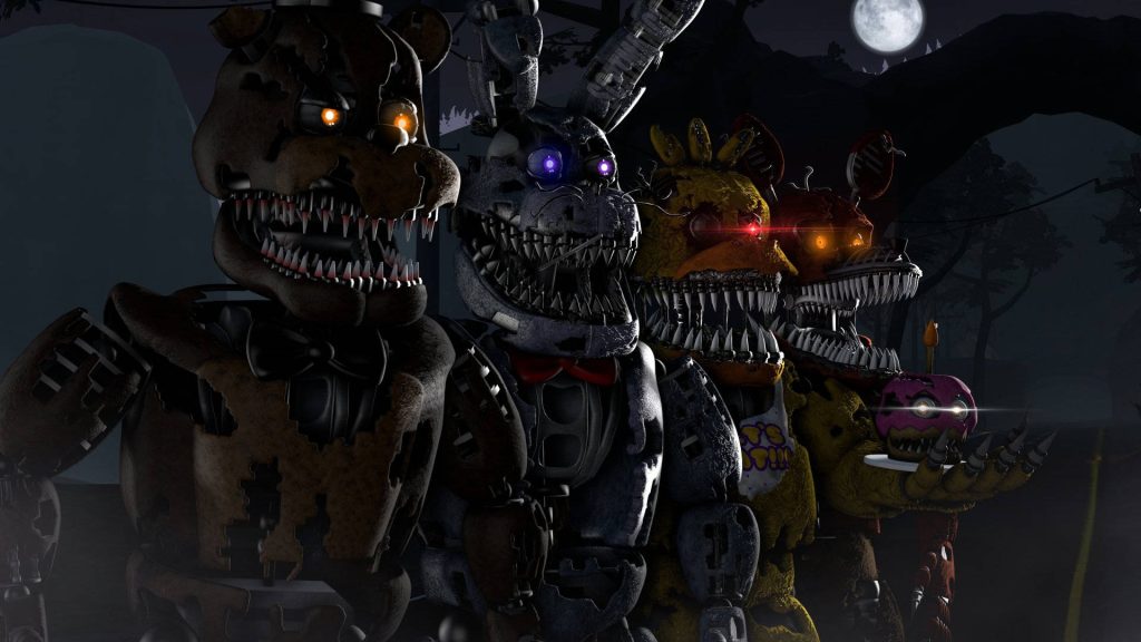 Nightmare Freddy Bonnie Chica Foxy 3D wallpaper Five Nights at Freddy's 4 dark eerie forest