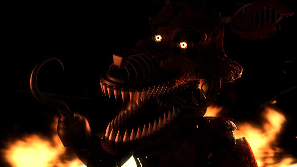 Nightmare Foxy animatronic with glowing eyes sharp teeth and hook in dark fiery background wallpaper