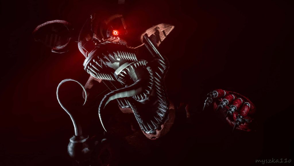 Nightmare Foxy FNAF wallpaper with sharp teeth glowing red eye and hook on dark red background