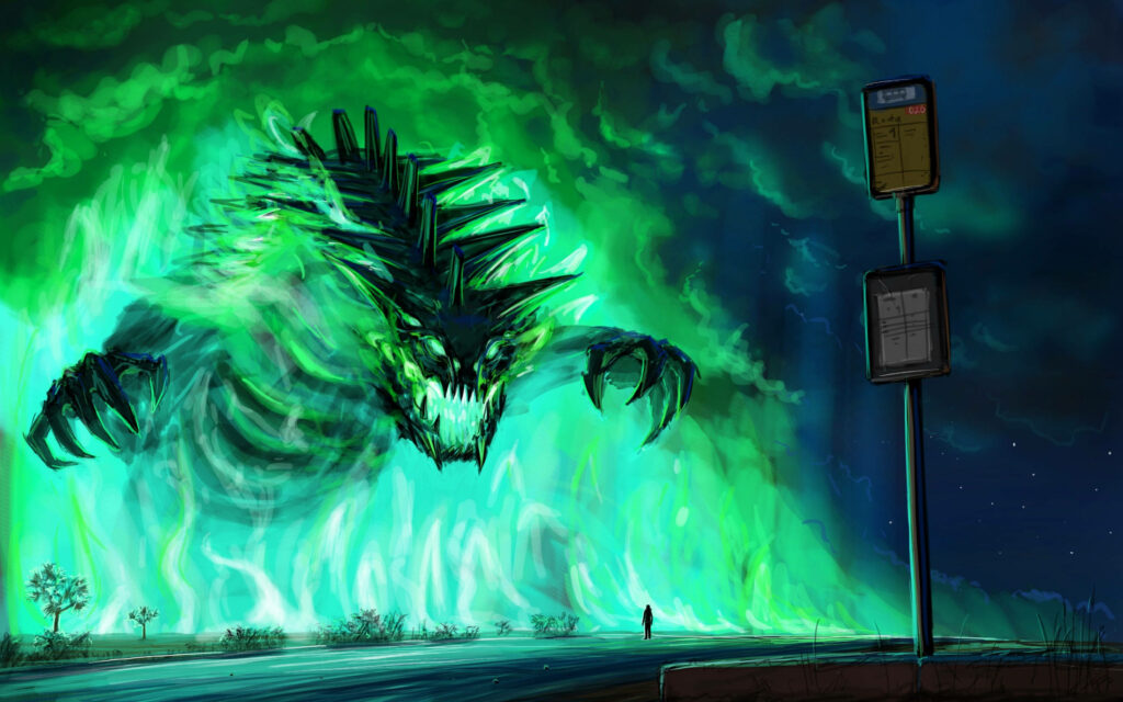 Fantasy creature engulfed in green flames looms over deserted road Wallpaper