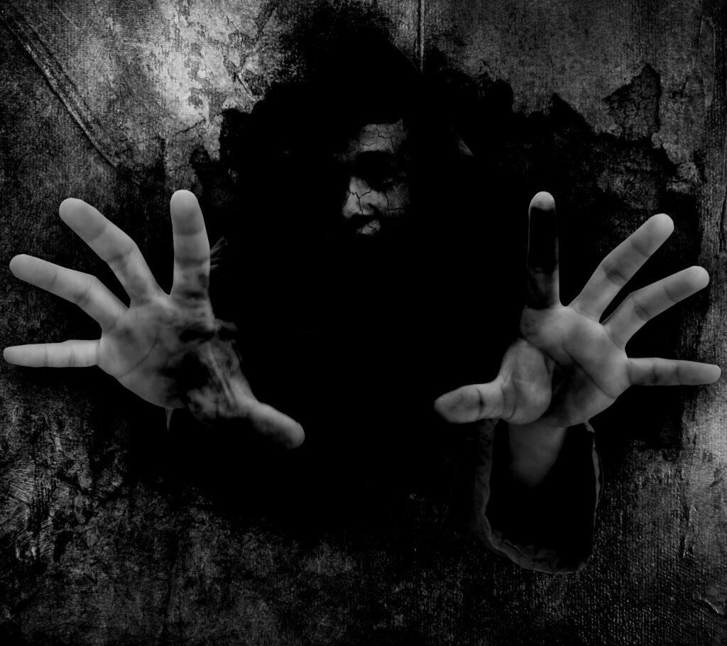 Nightmare Unveiled: An Eerie Dark Portrait with Spooky Hands in HD Wallpaper