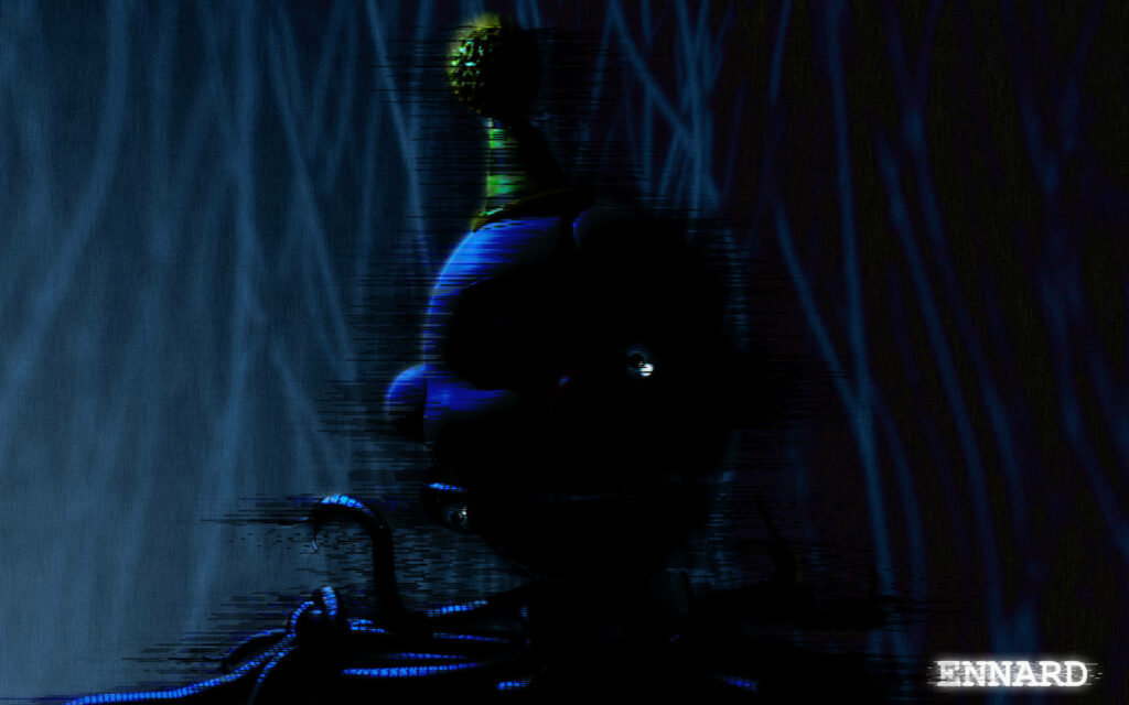 Glimpse of Funtime Freddy Ennard, Cast in Eerie Shadow with glowing Single Eye Wallpaper