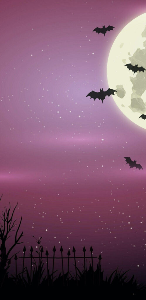 Bats take flight under a haunting violet sky in this mesmerizing Halloween phone wallpaper