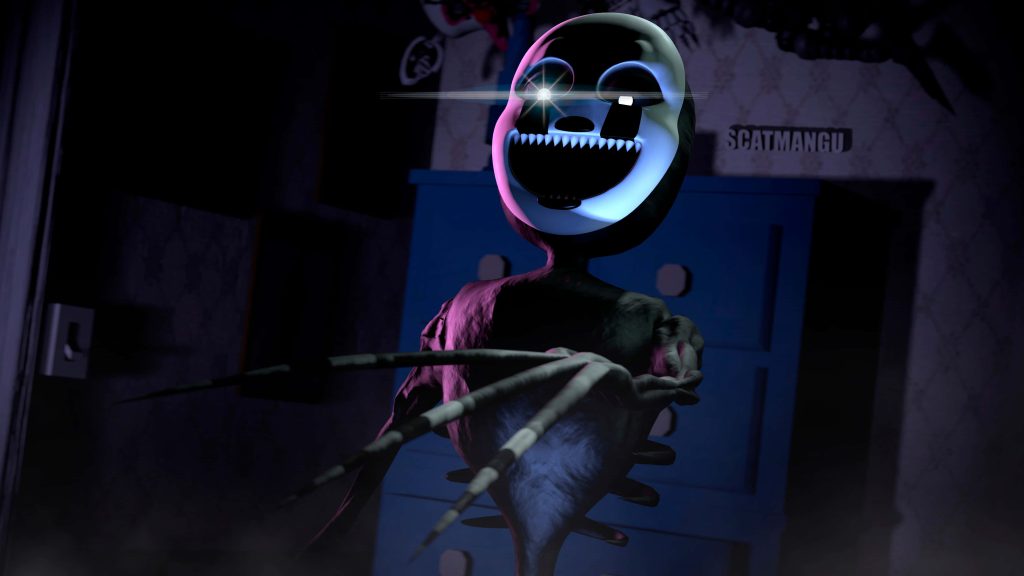 Nightmarionne from Five Nights at Freddy's 4 chilling 3D wallpaper with glowing eyes in dark room