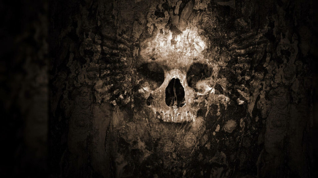 The Haunting Wall of Skulls: Eerie Halloween Background Capture Wallpaper