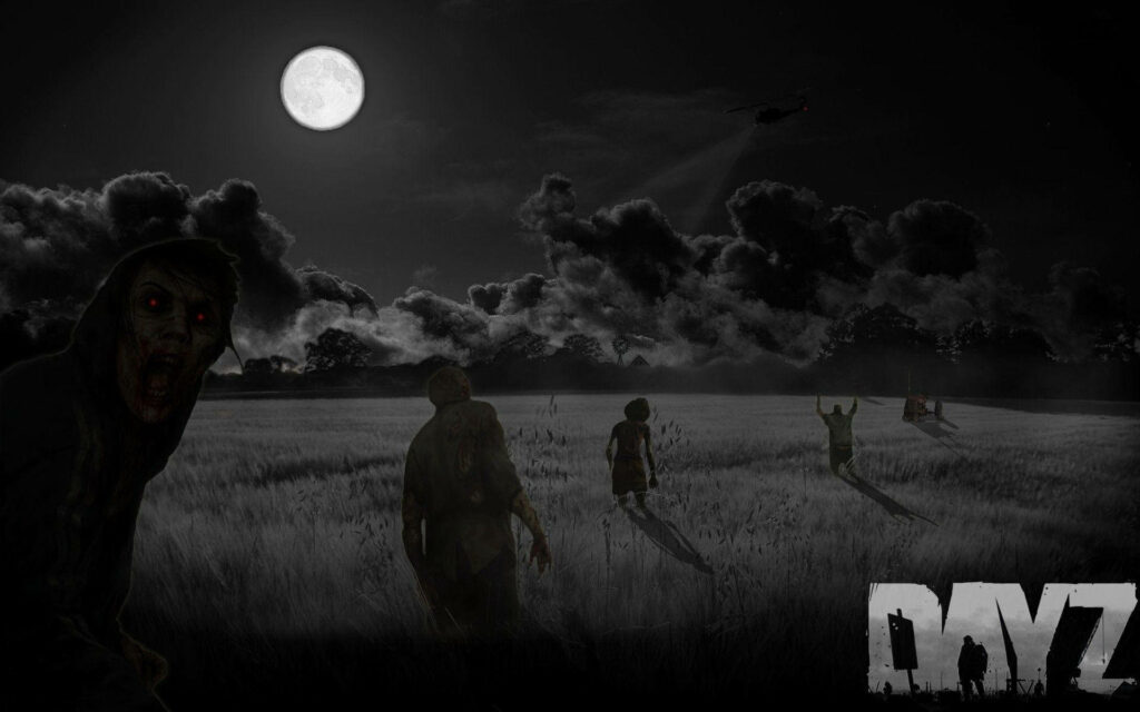 Nightmarish Nocturnal Stroll: Sinister Zombies Roaming a Moonlit Meadow Wallpaper