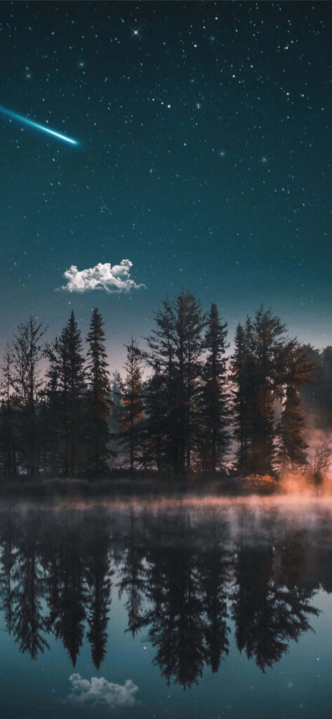 Enchanting Night Skies: Mesmerizing Shooting Star in Majestic Lake Valley Wallpaper