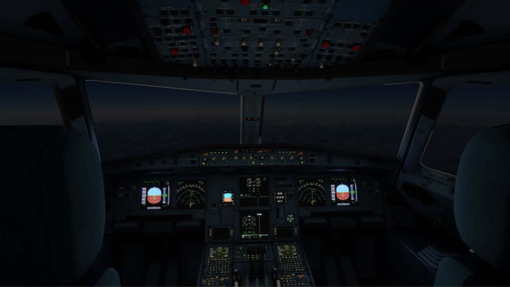 The mesmerizing nocturnal view of Microsoft Flight Simulator's cockpit, showcasing flight instruments, pilot, and co-pilot seats amidst the night sky Wallpaper
