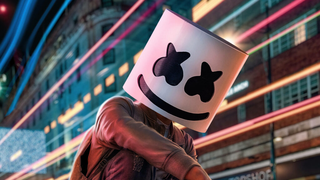Nighttime Stroll: Marshmello Explores the Cityscape in Stunning 4k Wallpaper
