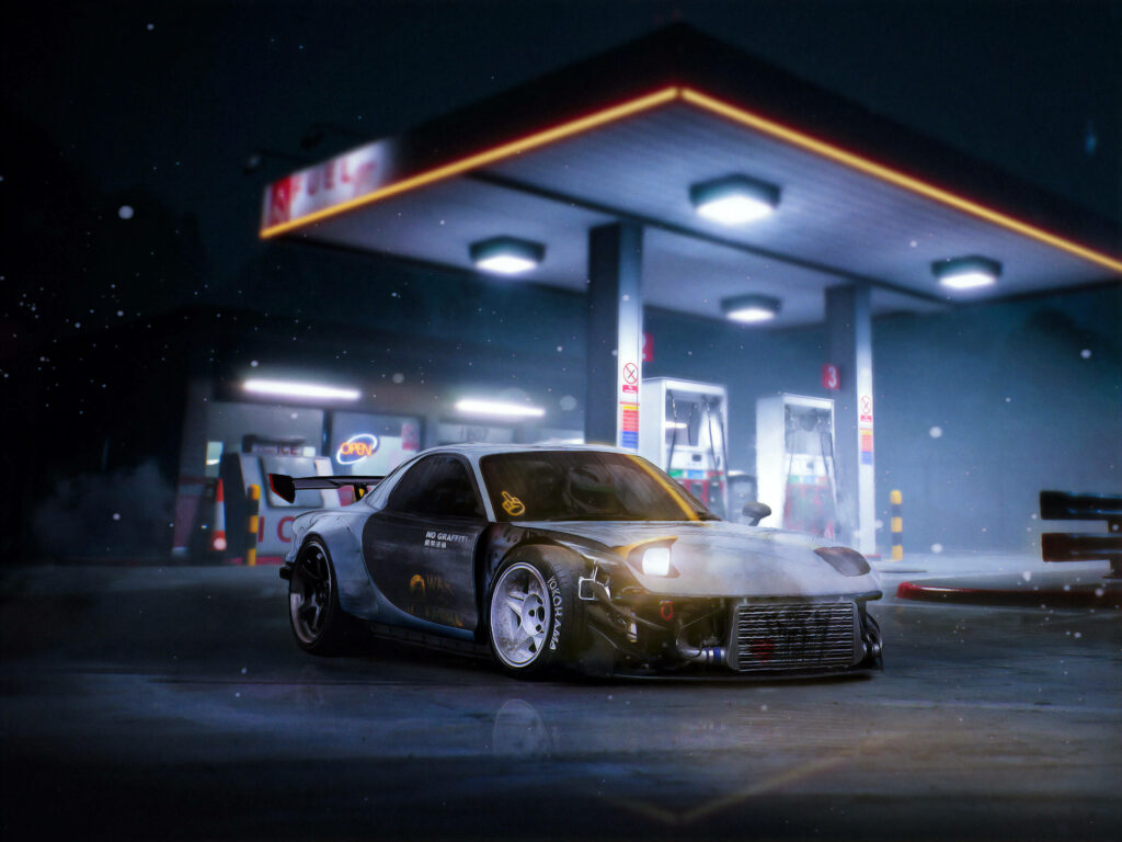 Nighttime Pitstop: Captivating Black and Silver Rx-7 with Striking Decals at Gas Station Wallpaper