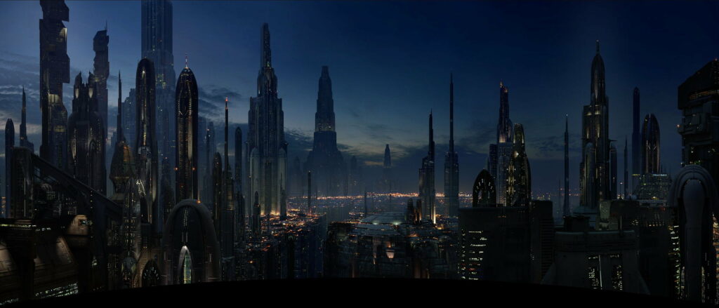 Nighttime Cityscape: A Science Fiction Skyline Silhouette Illustration Wallpaper