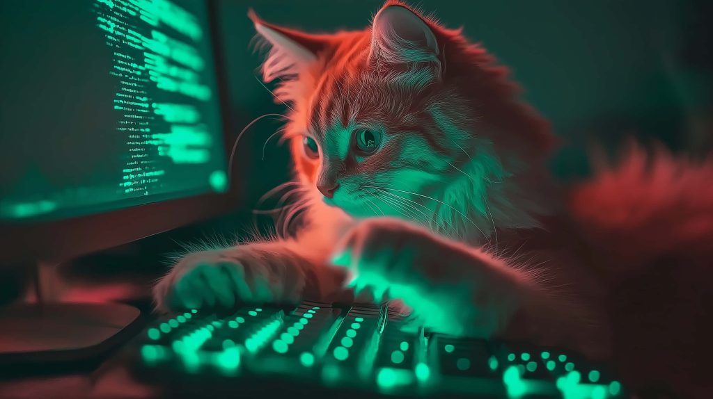 Orange tabby cat typing on backlit keyboard with glowing green code neon wallpaper background