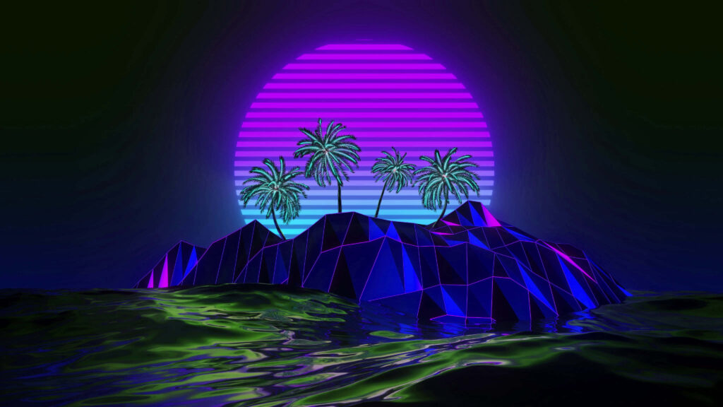 Midnight Oasis: Neon Moon Illuminates Stunning Islandscape Wallpaper
