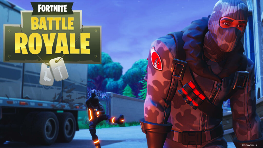 Midnight Pursuit: Legendary Fortnite Duo Chases Army Convoy with Game Logo Emblem Wallpaper