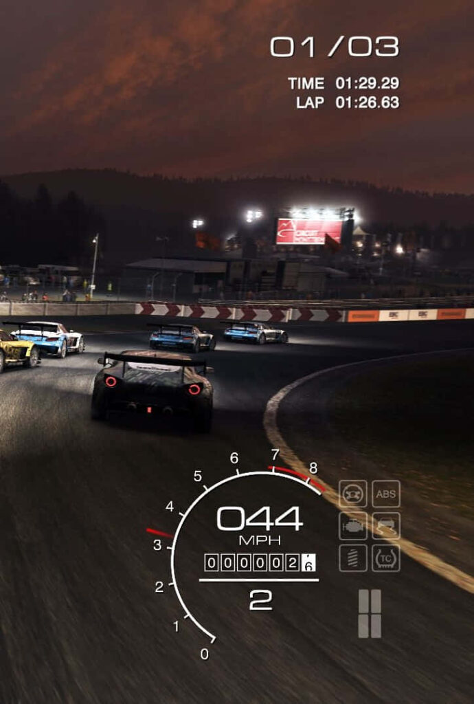 Grid Autosport Night Race Wallpaper: In-Car Perspective at 44MPH with Racing Aids on Lit Track