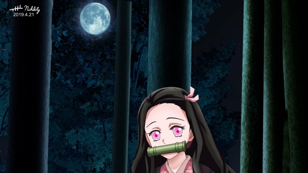Mysterious Serenade: Nezuko Kamado Embracing the Moonlit Forest Wallpaper