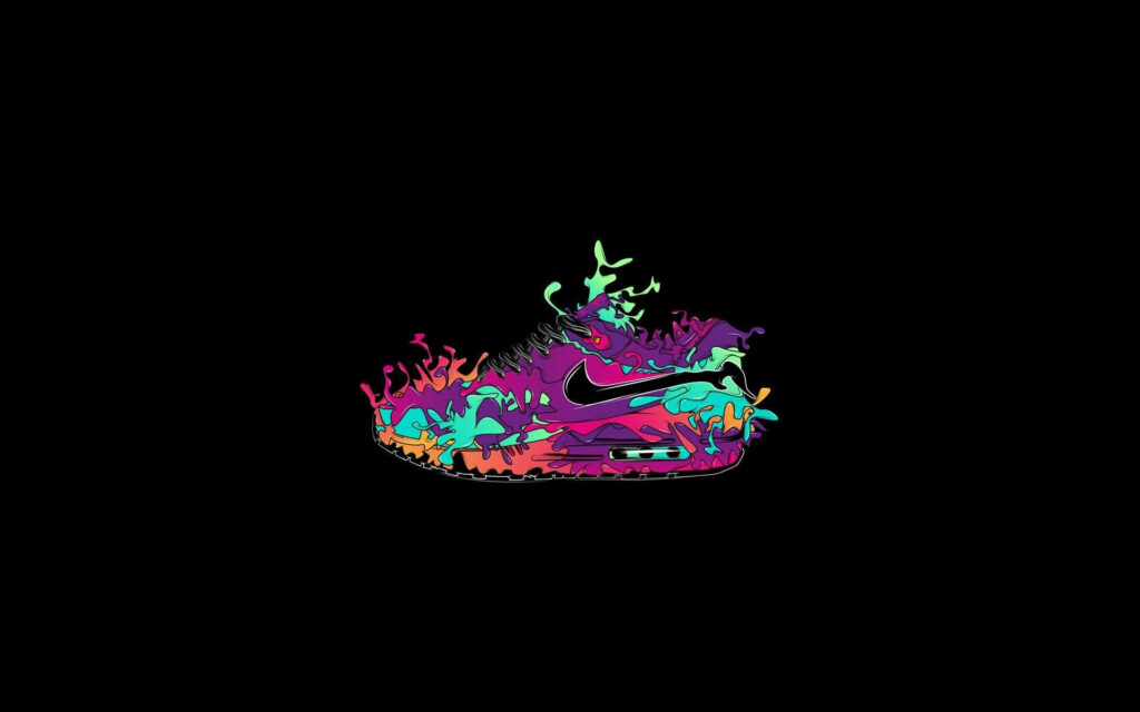 Vibrant cartoon Nike shoe with neon colors and dripping paint effect on black background wallpaper