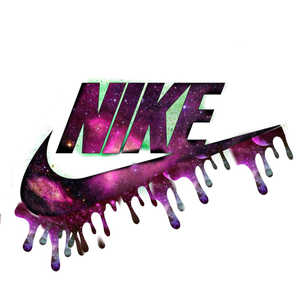 Nike logo wallpaper with purple pink galaxy nebula and liquid drip effect on white background