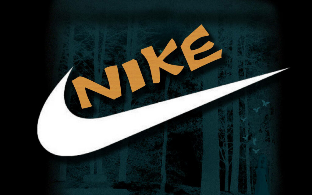 Nike logo in white and gold on dark mystical forest background athletic power wallpaper