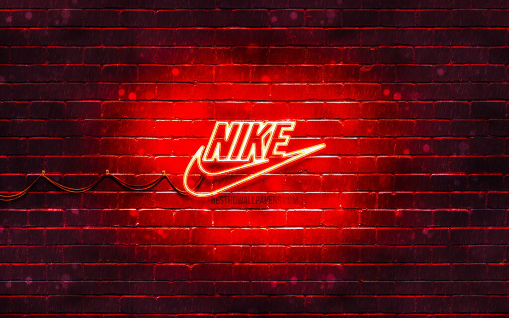 Neon Nike logo glowing on red brick wall vibrant sports brand wallpaper background design