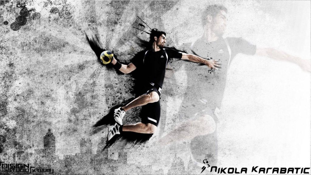 Nikola Karabatic handball ink art wallpaper showing dynamic mid-air jump with grunge textures