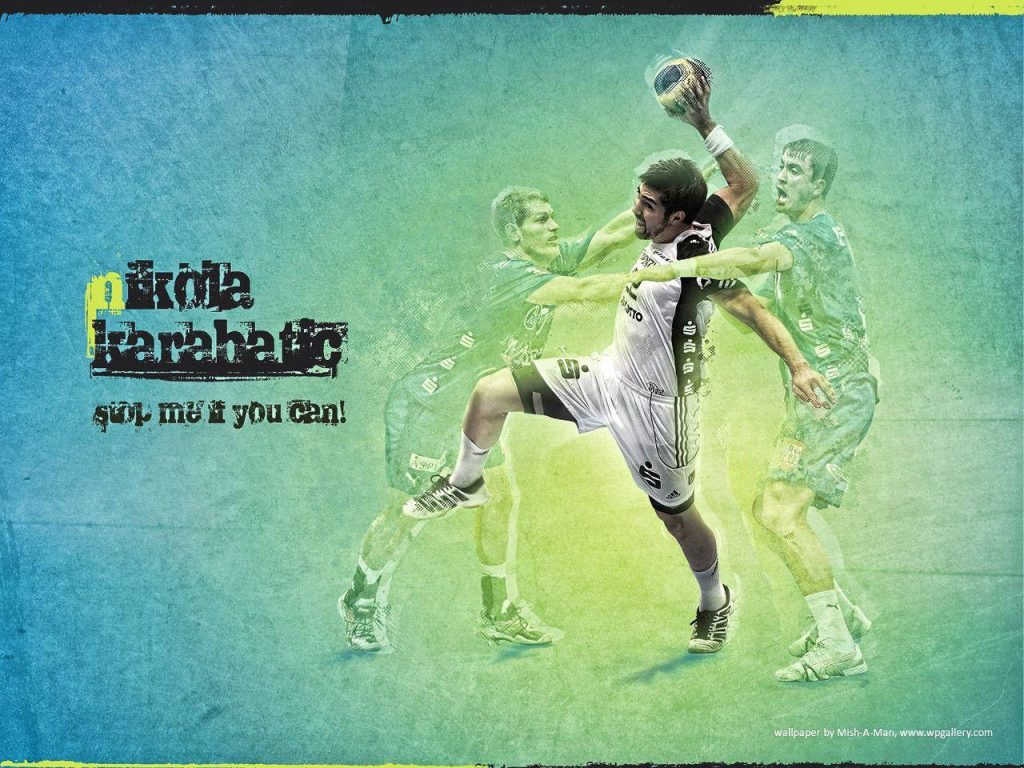 Nikola Karabatic handball jump shot digital art with motion blur on blue green textured background Wallpaper