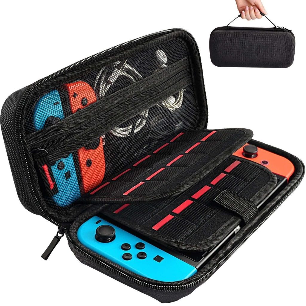 Nintendo Switch carrying case with neon blue red Joy-Cons and extra controllers wallpaper background