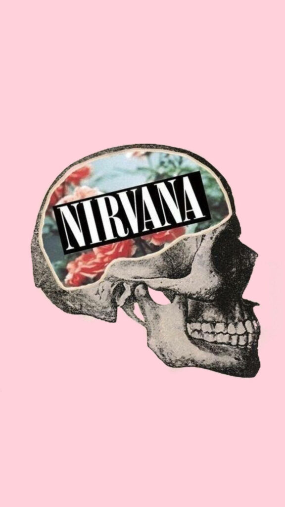 Nirvana-Inspired Skull Wallpaper: Grey Floral Design on Pink